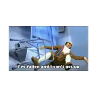 a cartoon of a man falling off a walker with the caption i 've fallen and i can 't go up