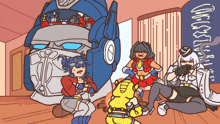 a group of cartoon characters are gathered around a large robot head