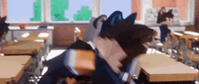 a cartoon character is standing in a classroom with a cat on his head