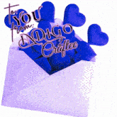 a white envelope filled with blue hearts with the words to you from indigo craftee