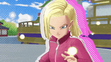 a cartoon character with blonde hair and blue eyes wearing a pink jacket