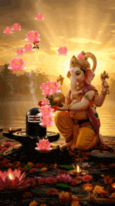 a painting of a deity surrounded by pink lotus flowers and candles