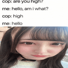 a girl 's face is next to a text that says cop are you high me hello am i what cop high me hello