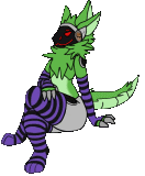 a cartoon of a green and purple furry animal with striped socks and headphones .