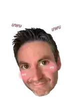 a close up of a man 's face with two uwu stickers on his head