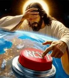 a painting of jesus pressing a red button that says rest .