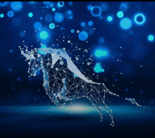 a drawing of a bull made of lines and dots on a blue background