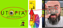 a man with a beard is holding a tool in front of his eye and a poster for utopia 2