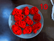 a plate of food with the number 10 written in red
