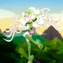 a cartoon character with green hair and white wings