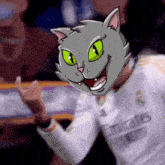 a cartoon cat wearing a white emirates jersey