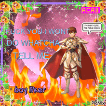 a picture of a knight with the words " fuck you i won 't do whatcha tell me "