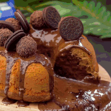 a bundt cake with oreo cookies on top