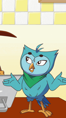 a blue bird with a green scarf around its neck stands on a table