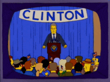 a cartoon of a man giving a speech under a banner that says " clinton "
