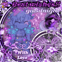 a purple greeting card says best wishes and goodnight with love