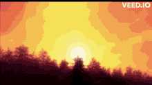 a sunset with trees in the foreground and the word veed.io at the bottom