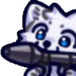a pixel art of a white cat with blue eyes holding a bullet in its mouth .