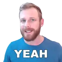 a man with a beard is wearing a blue shirt that says yeah on it
