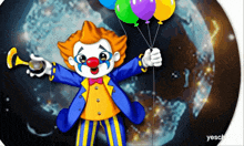 a cartoon clown holding balloons and a trumpet