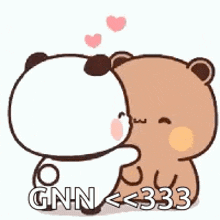 a panda and a brown bear are kissing each other with hearts in the background .