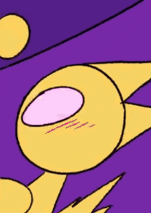 a yellow cartoon character with a purple background and a pink mouth