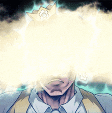 a man with a crown on his head has a light coming out of his head