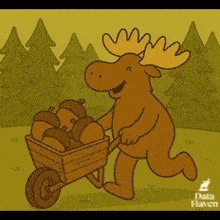 a cartoon moose is pushing a wheelbarrow full of acorns .