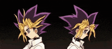 a couple of anime characters standing next to each other on a black background .
