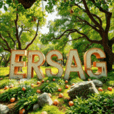 the word ersag is surrounded by trees and rocks in a garden