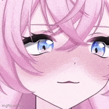 a close up of a pink haired anime girl with blue eyes