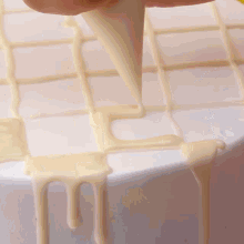 a person is piping white frosting onto a cake