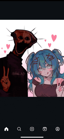 a drawing of a man and a girl with blue hair