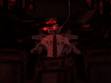 a man in a pilot 's uniform is holding a microphone and has red eyes