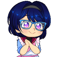 a girl with blue hair and glasses is crossing her arms and smiling