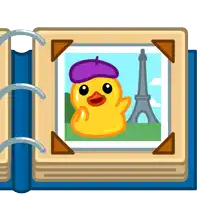 a picture of a rubber duck wearing a purple beret in front of the eiffel tower