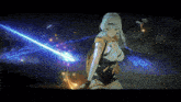 a girl in a video game is holding a sword in her hands