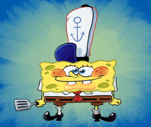 a cartoon of spongebob holding a spatula and wearing a hat with an anchor on it