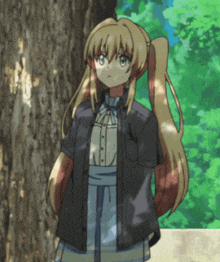 a girl in a blue dress and black jacket stands in front of a tree