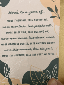 a greeting card that says here 's to a year of more thriving less surviving