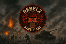 a rebelz sine pari logo with a skull in the middle