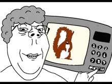 a cartoon of a woman holding a microwave with a squirrel on it