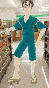 a cartoon drawing of a man in a store with a sign on the wall that says ' noodles '