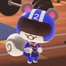 a cartoon squirrel wearing a blue helmet with the number 2 on it