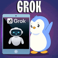 a penguin is standing next to a tablet that says grok