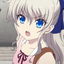 a girl with gray hair and blue eyes has a very angry look on her face