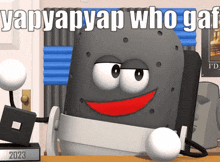 a cartoon character sitting at a desk with the words yapyapyan who gaf written on the bottom