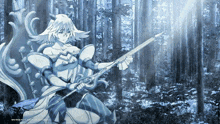 a drawing of a girl holding a sword in a forest