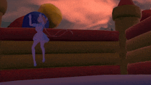 a girl in a white dress jumps on a bouncy house