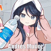 a girl is holding a bottle of pocari sweat